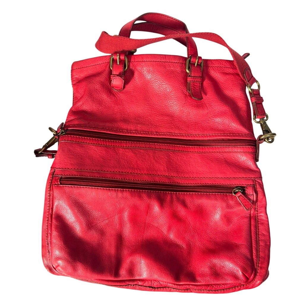 Fossil‎ Red Leather Convertible Crossbody Tote Bag Large Zip Pockets ZB5404